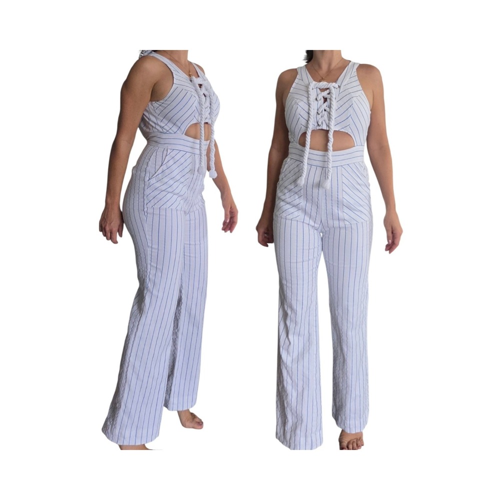 Bebe Wide-leg White Pinstripe Lace-Up Denim Jumpsuit XS Summer Nautical Coastal
